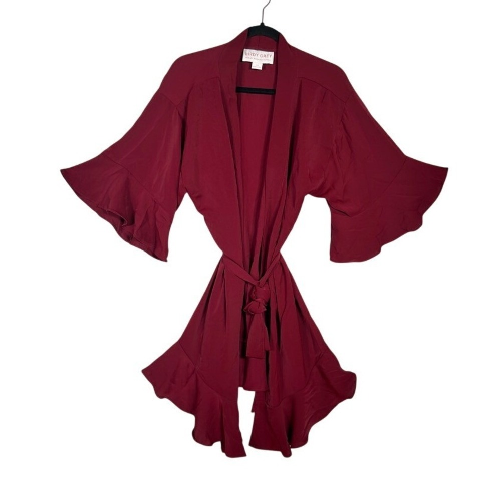 Birdy Grey Satin Wrap Robe XS/S Burgundy Ruffle Bridesmaid